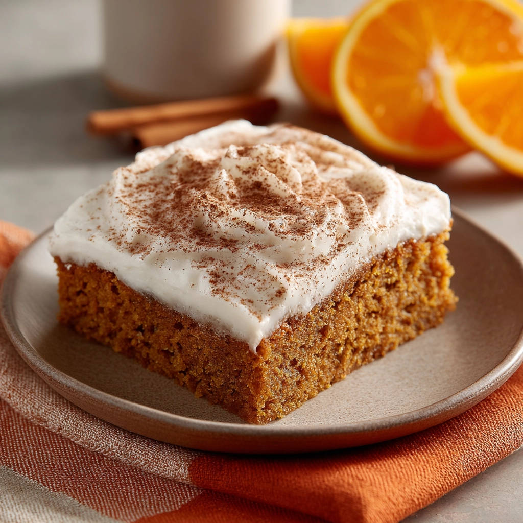 Saftiger Orangen-Milchkuchen mit Sahne als einzelnes Stück auf einem Teller mit Zimt bestreut, Nahaufnahme.