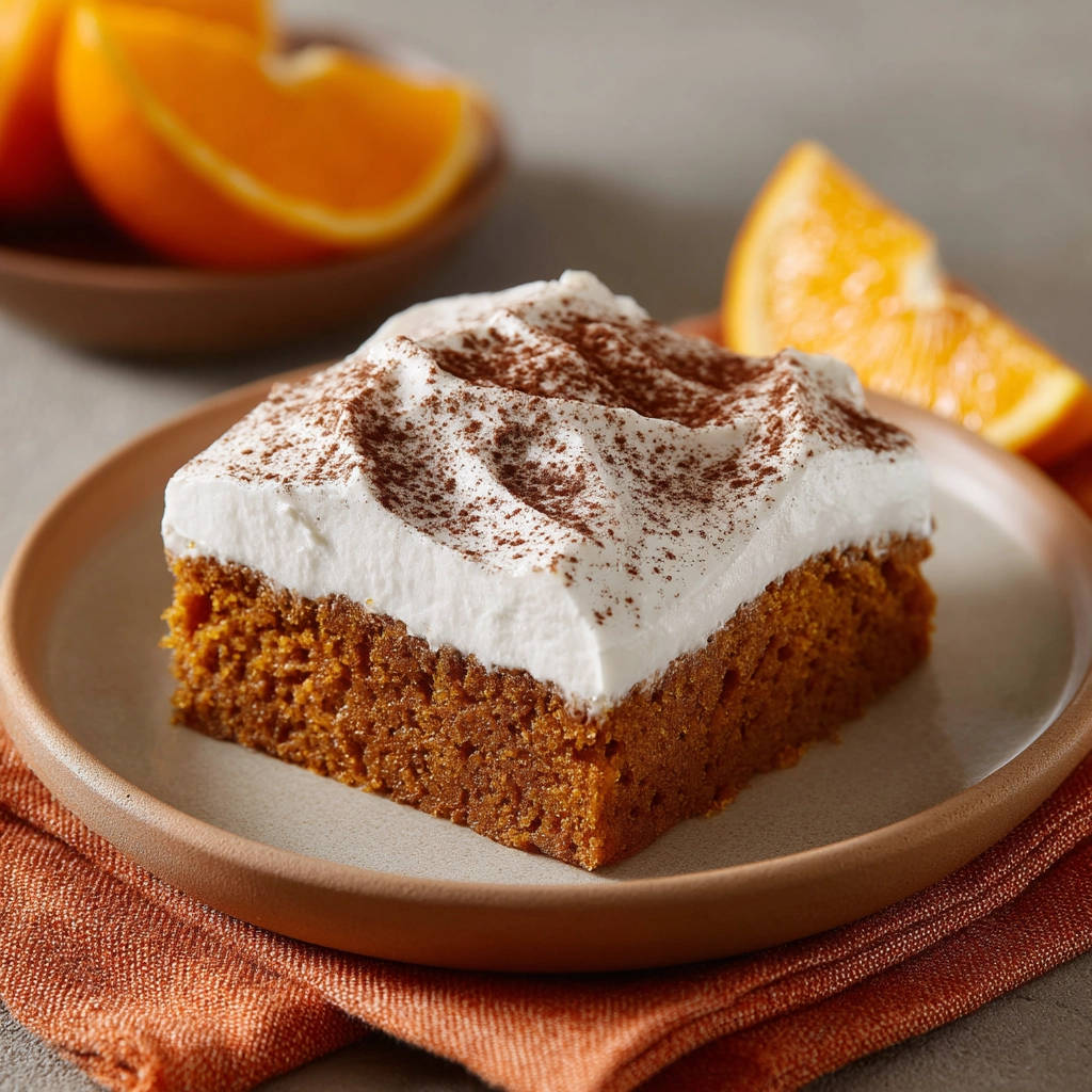 Saftiger Orangen-Milchkuchen mit Sahne als Nahaufnahme auf einem Teller serviert, mit Kakaopulver bestäubt.