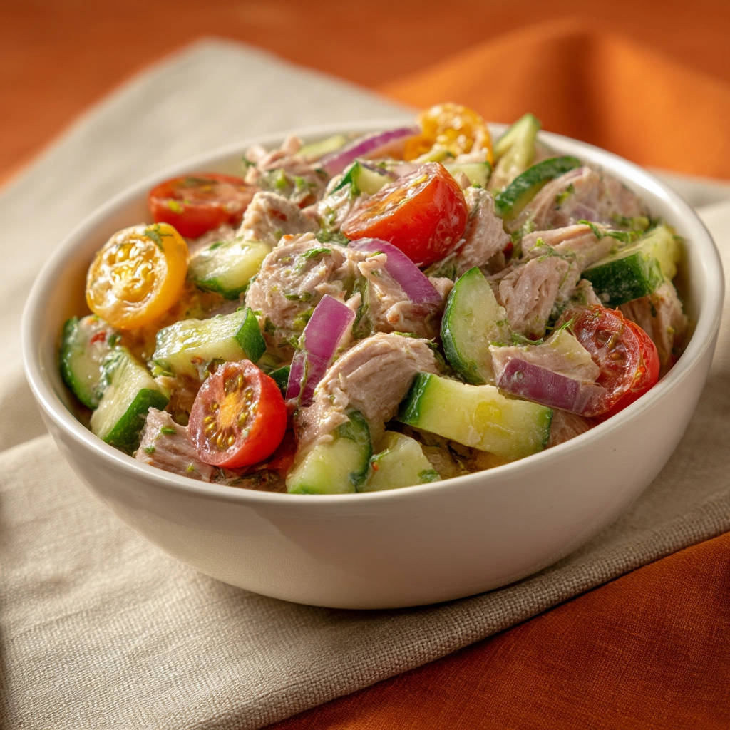 Saftiger Thunfischsalat mit Gurken, Tomaten und roten Zwiebeln in einer Schüssel, Nahaufnahme der Zutaten.