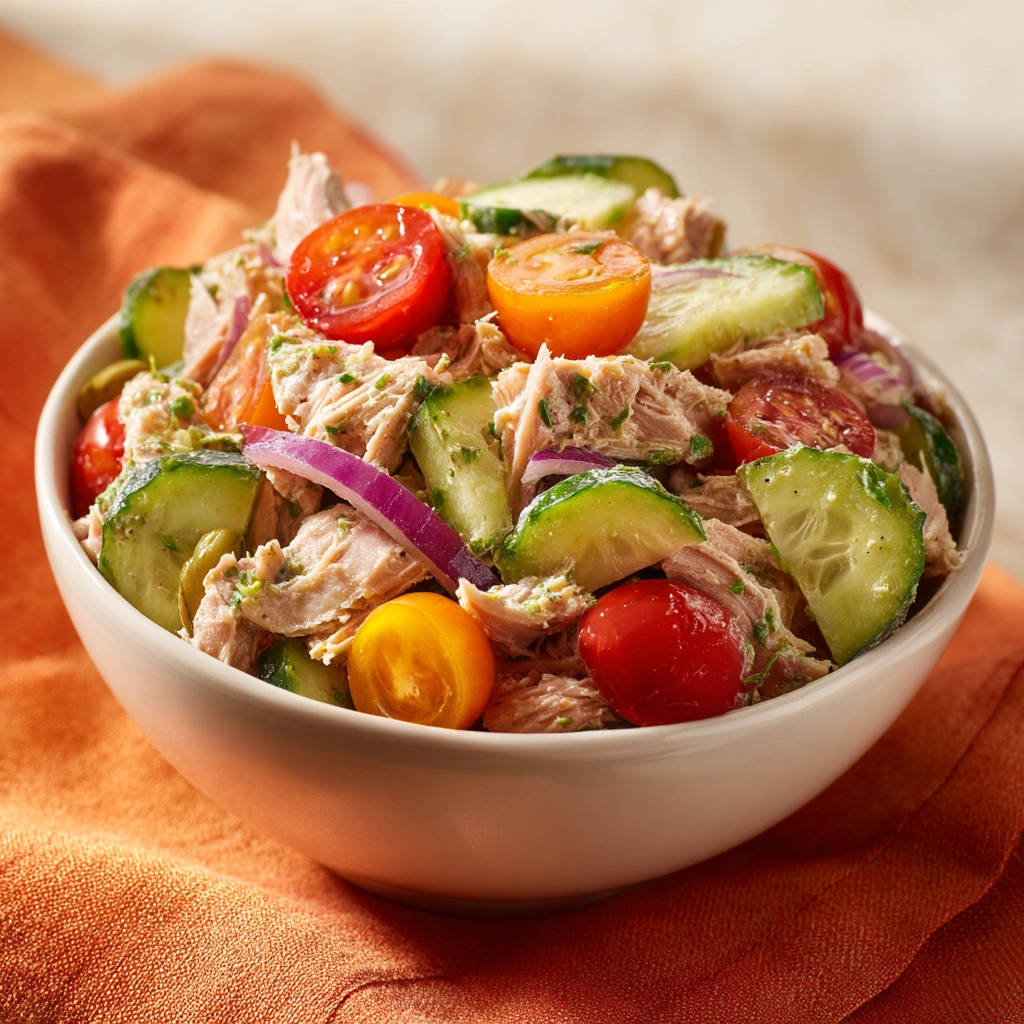 Saftiger Thunfischsalat in einer Schüssel mit Tomaten, Gurken und roten Zwiebeln, Nahaufnahme.