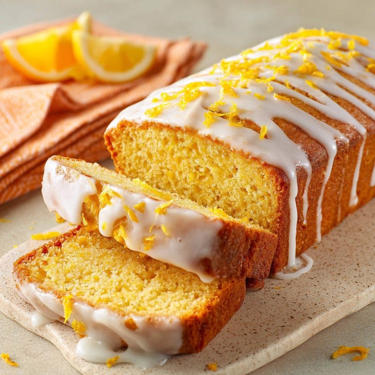 Saftiger Zitronen-Kastenkuchen angeschnitten mit Zuckerguss und Zitronenschale garniert, Nahaufnahme der einzelnen Scheiben.