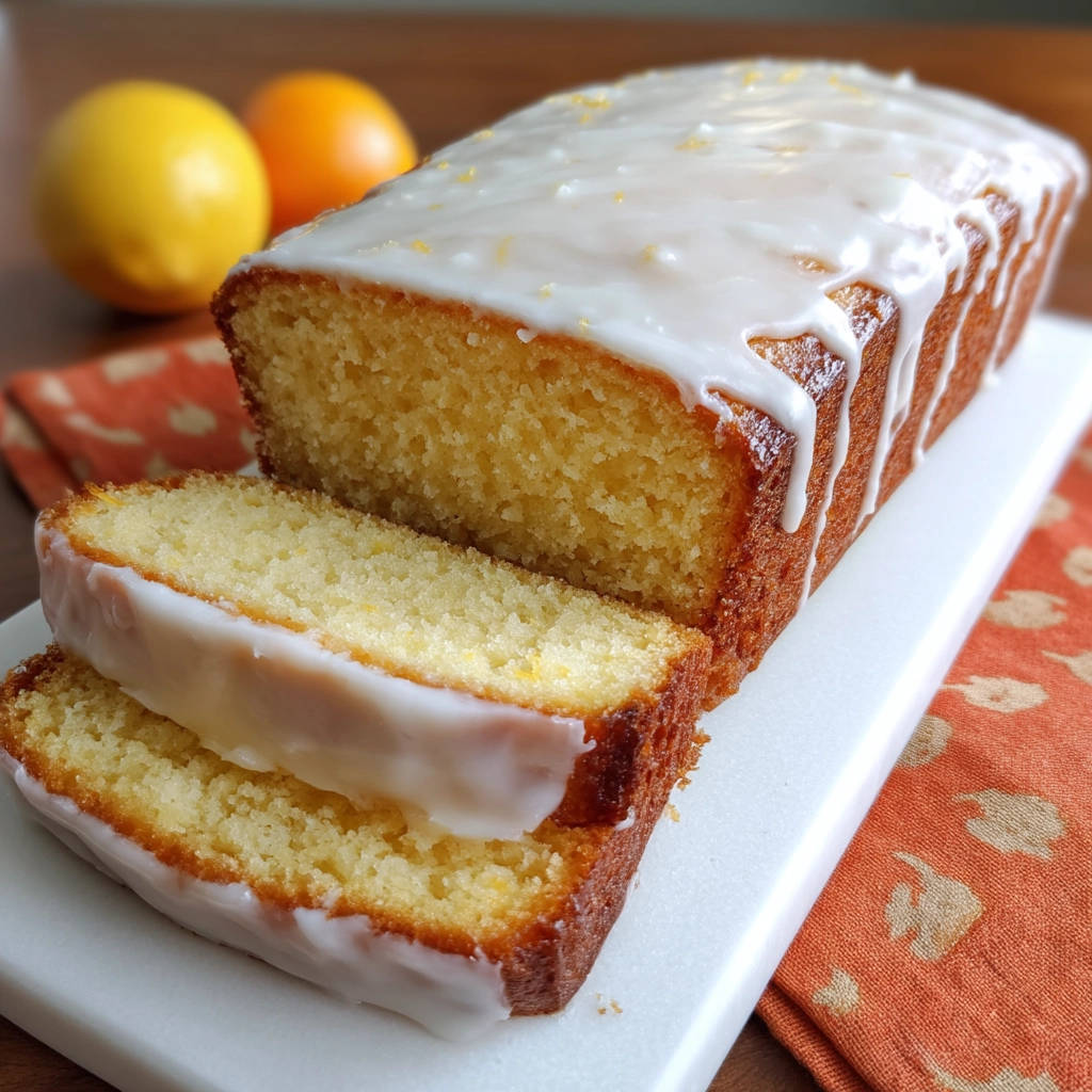 Saftiger Zitronenkuchen aus der Kastenform angeschnitten mit zarter Zitronenglasur und garniert mit Zitronenschale.