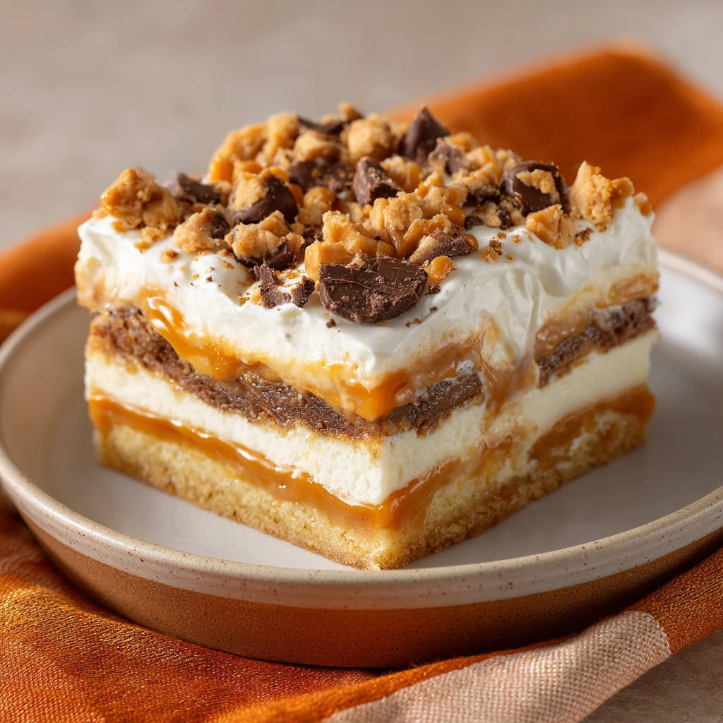 Schichtdessert Karamell-Schoko angeschnitten, das zeigt die einzelnen Lagen von Kuchen, Creme und Karamellcreme.