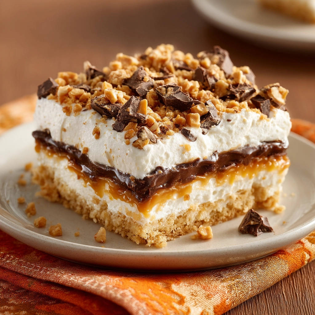 Schichtdessert Karamell-Schoko angeschnitten auf einem Teller, mit Schichten von Keksboden, Sahne, Schokolade und Karamell.