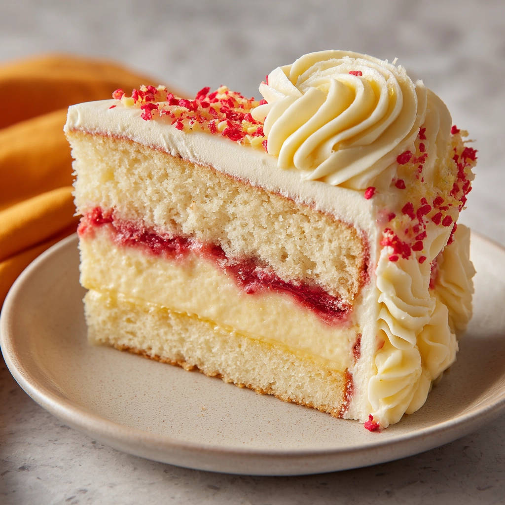Schichttorte mit Zitrone und Beeren im Anschnitt, mit cremiger Glasur und roten Streuseln auf einem Teller serviert.