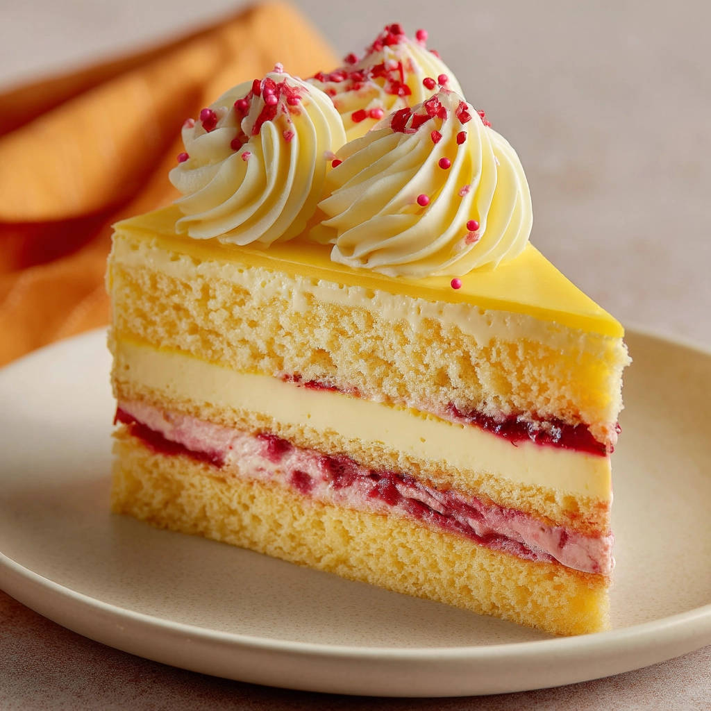Schichttorte mit Zitrone und Beeren im Anschnitt, dekoriert mit Sahnetuffs und Zuckerstreuseln auf einem Teller.