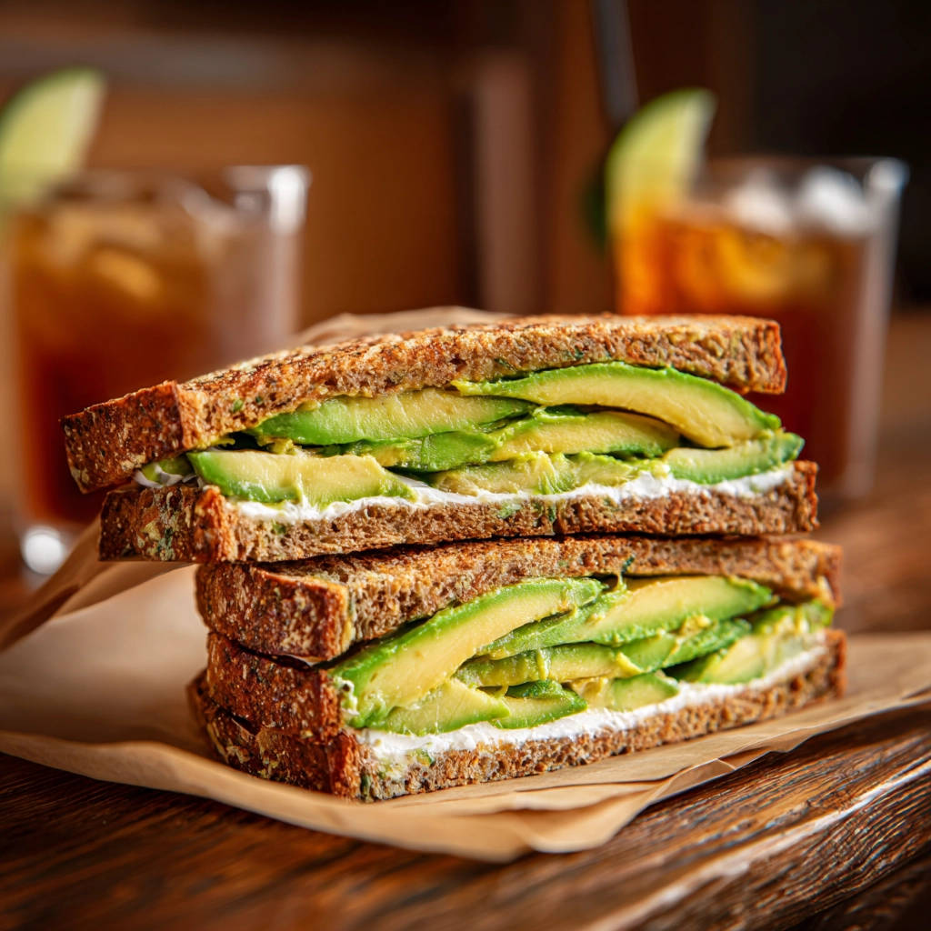 Schnelles Avocado Sandwich angeschnitten, das Innenleben mit cremigem Frischkäse und vielen Avocado-Scheiben zeigt