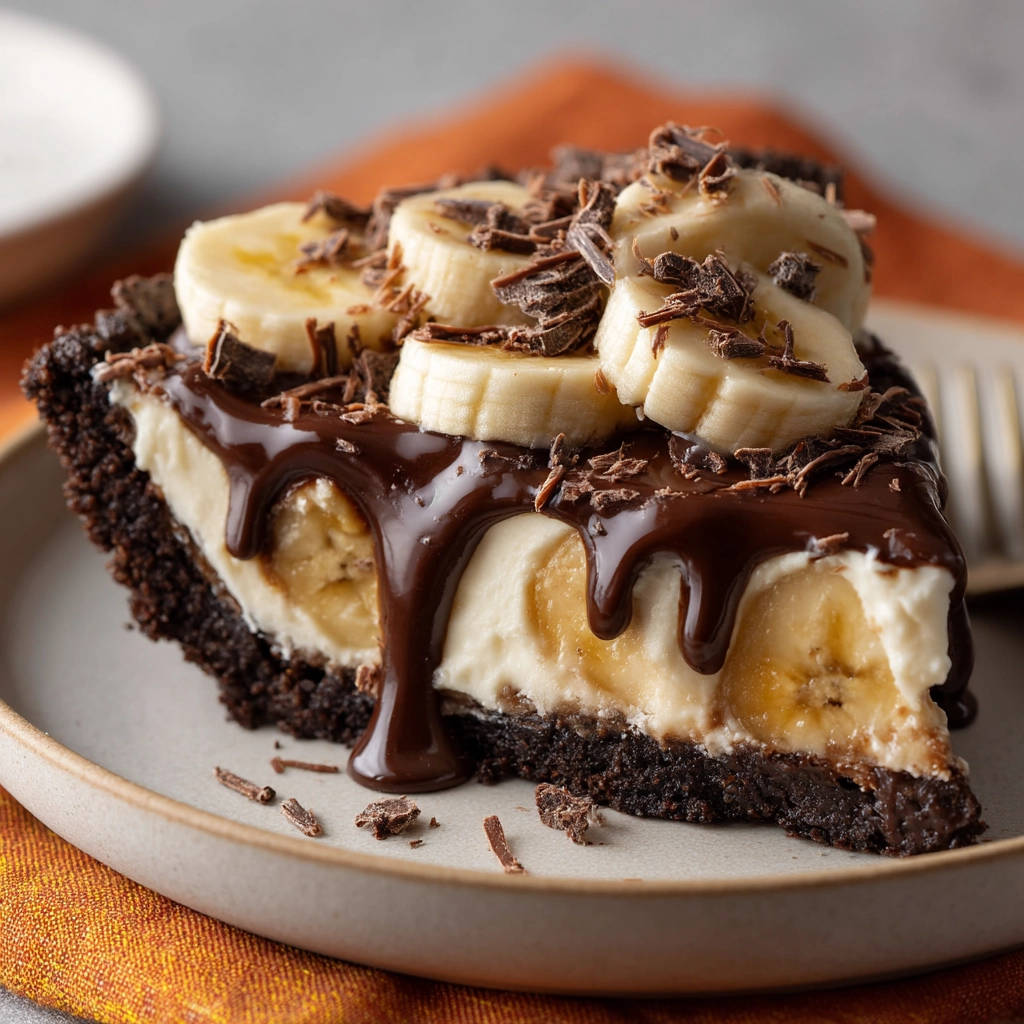Schoko-Bananen-Kuchen ohne Backen angeschnitten, mit Schokoladensauce und Bananenscheiben garniert