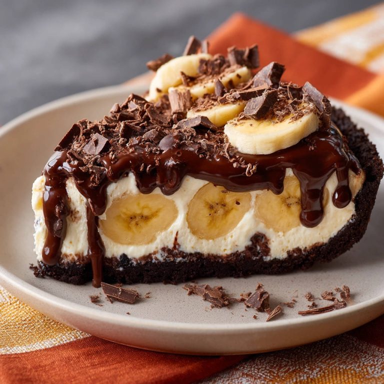Schoko-Bananen-Kuchen ohne Backen angeschnitten mit Bananenscheiben und Schokoladenguss auf einem Teller.