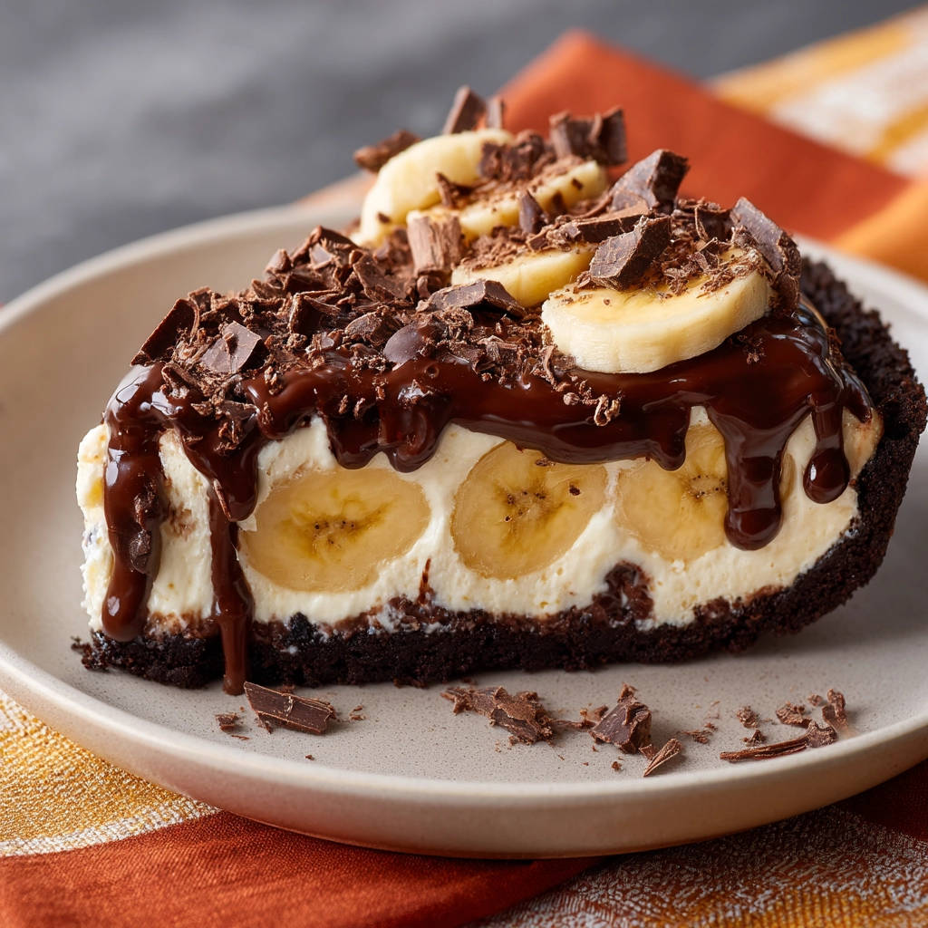 Schoko-Bananen-Kuchen ohne Backen angeschnitten mit Bananenscheiben und Schokoladenguss auf einem Teller.