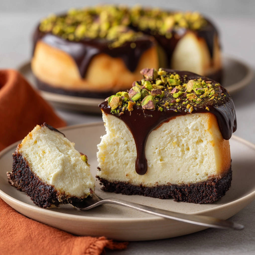 Schoko-Cheesecake ohne Risse angeschnitten mit Schokoladenglasur und Pistazien auf einem Teller serviert.