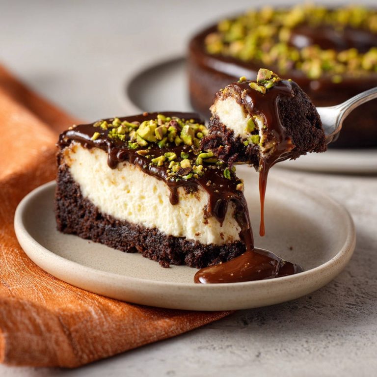 Schoko-Cheesecake ohne Risse angeschnitten mit glänzender Schokoglasur und Pistazien, ein Stück auf einer Gabel.