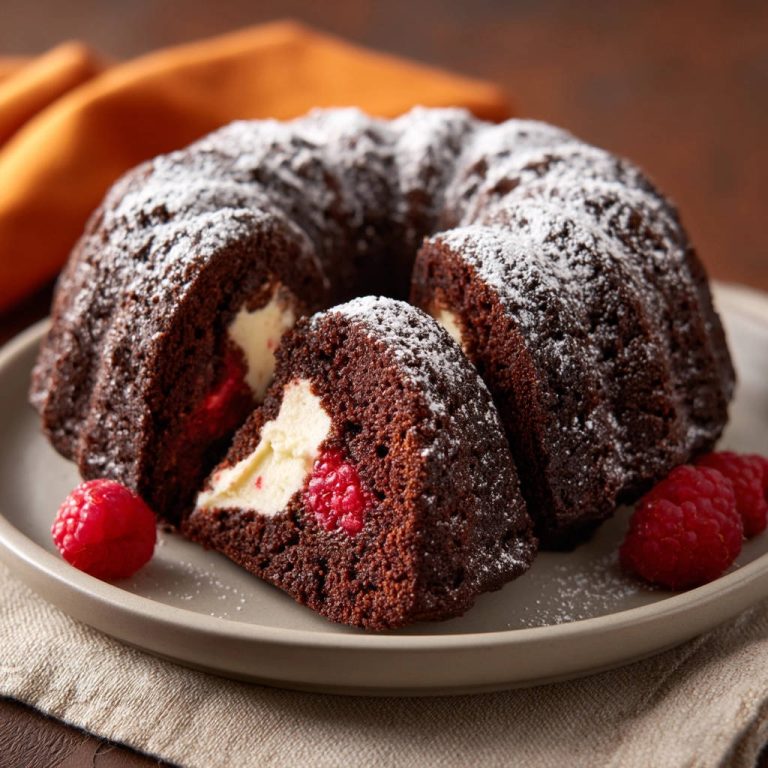 Schoko-Gugelhupf mit Käsekuchen-Füllung angeschnitten, zeigt cremige Füllung und Himbeeren im Inneren
