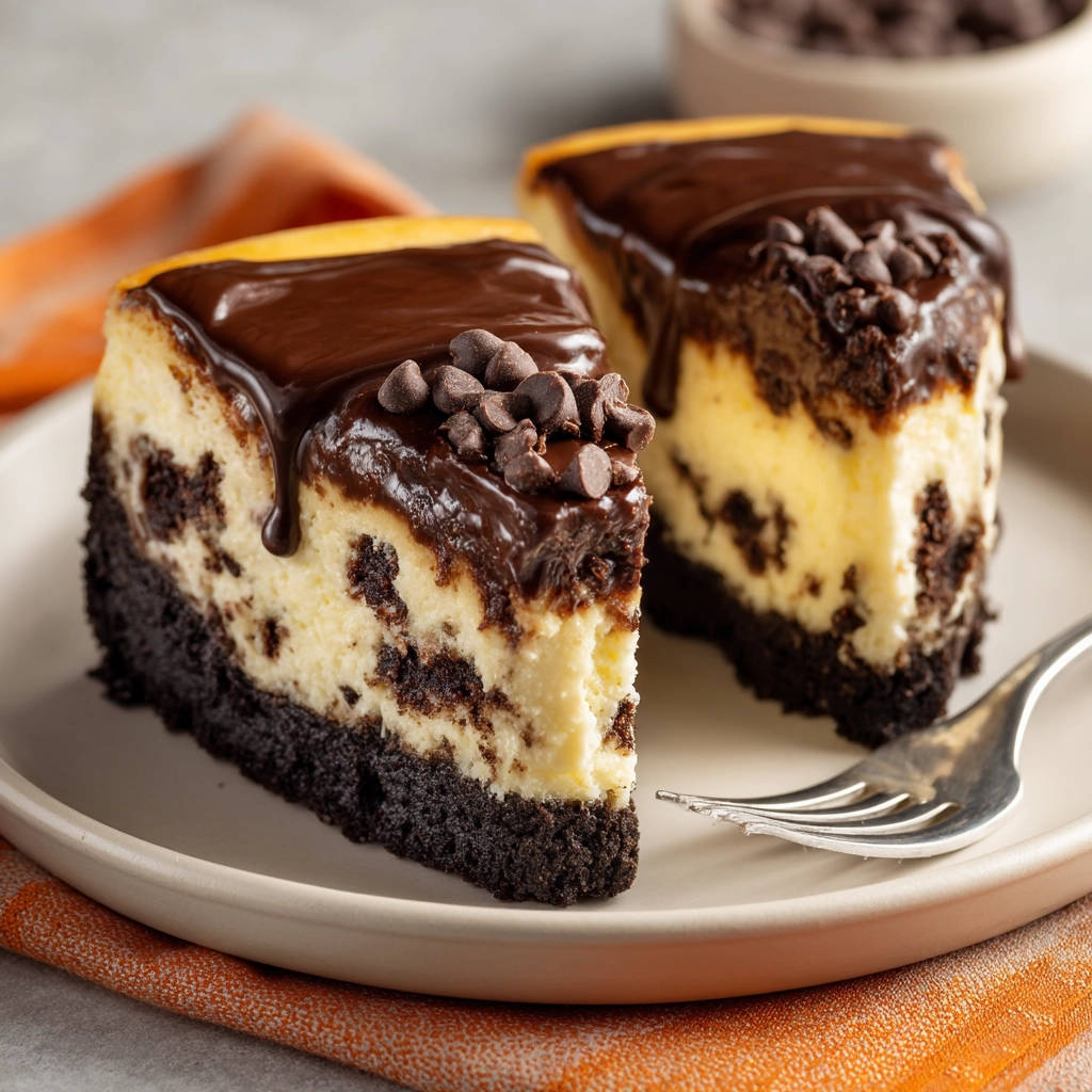Schoko-Keks-Cheesecake angeschnitten mit glänzender Schokoladenglasur und Schokostückchen, serviert auf einem Teller.