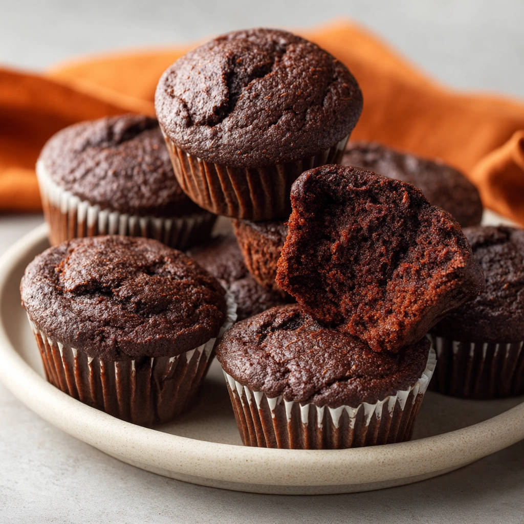 Schoko-Muffins, von denen einer angeschnitten ist und die saftige Krume zeigt, liegen auf einem Teller.