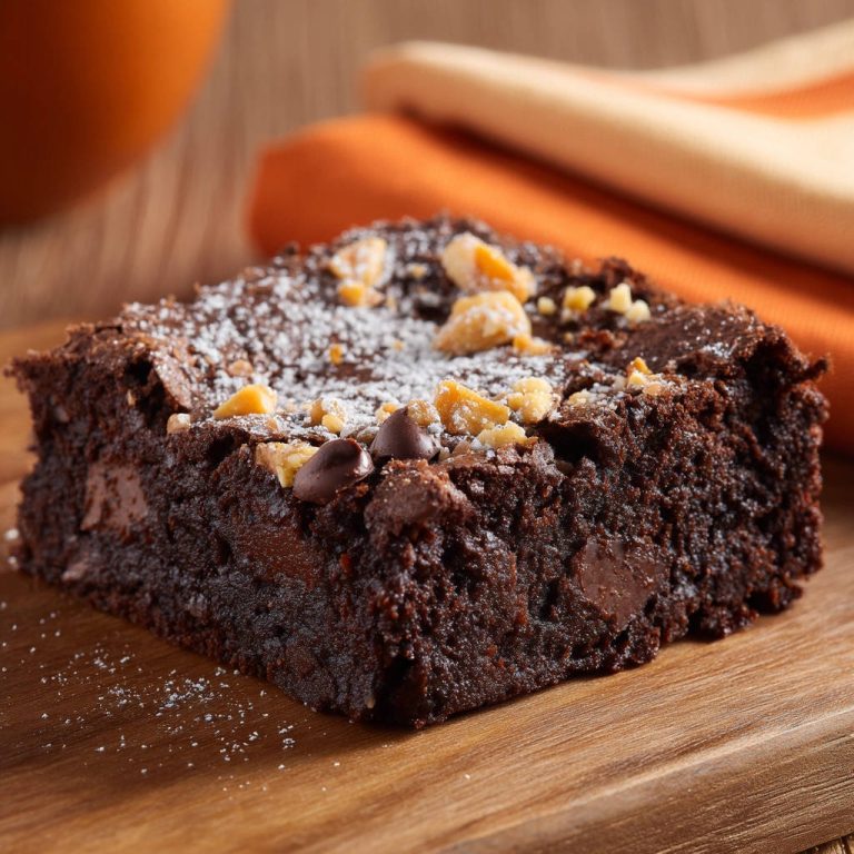 Saftige Schoko-Nuss-Brownies im Detailquerschnitt mit geschmolzenen Schokoladenstücken und Nüssen, bestäubt mit Puderzucker.