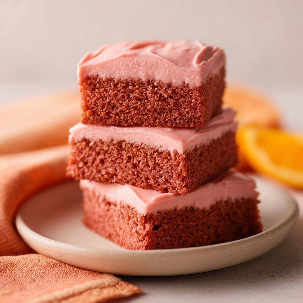 Saftige Schokoladen-Brownies mit Frischkäse-Frosting, gestapelt auf einem Teller mit einem orangen Tuch im Hintergrund.