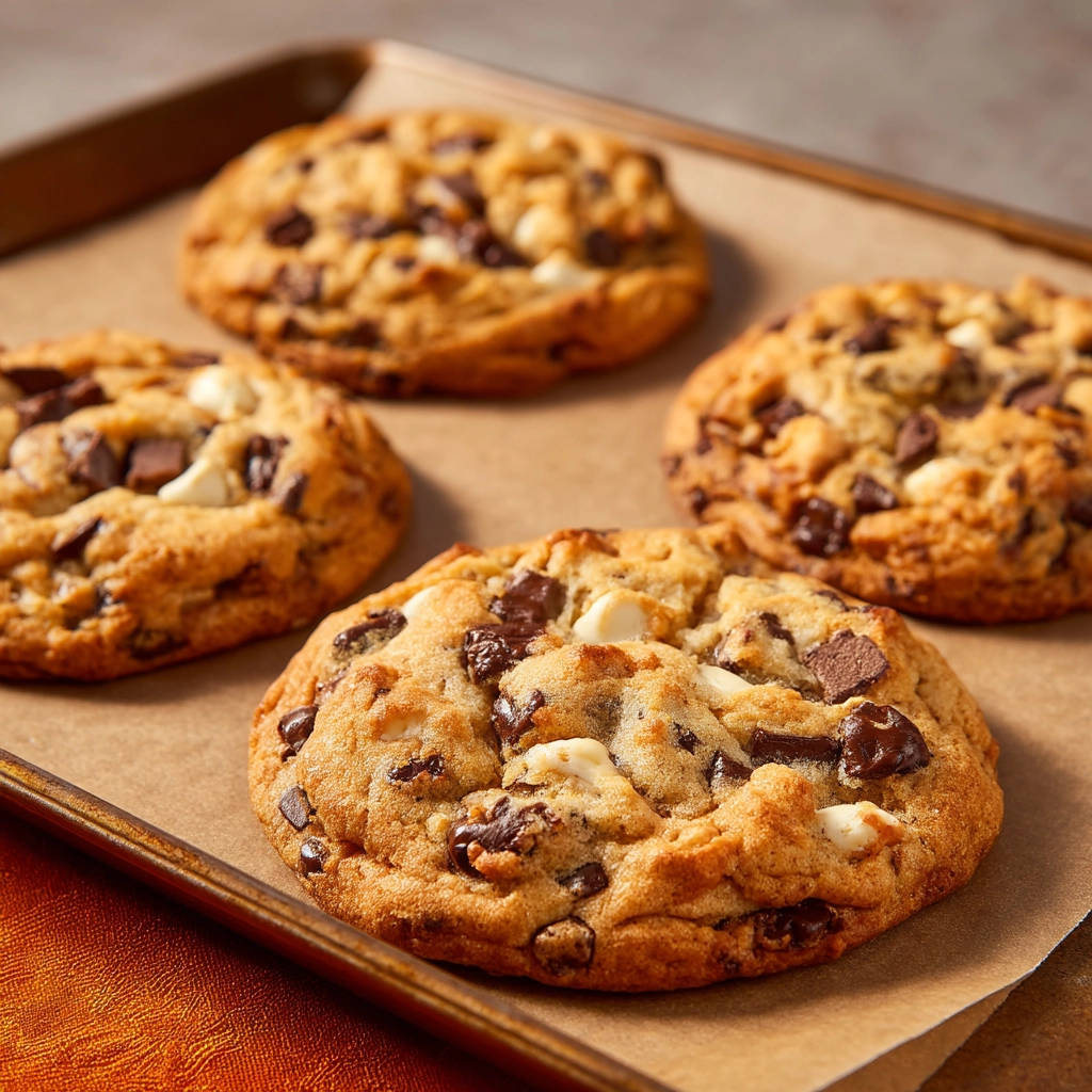 Schokoladen-Cookies mit weißer Schokolade, frisch gebacken und auf einem Stahlblech mit Backpapier nah aufgenommen.