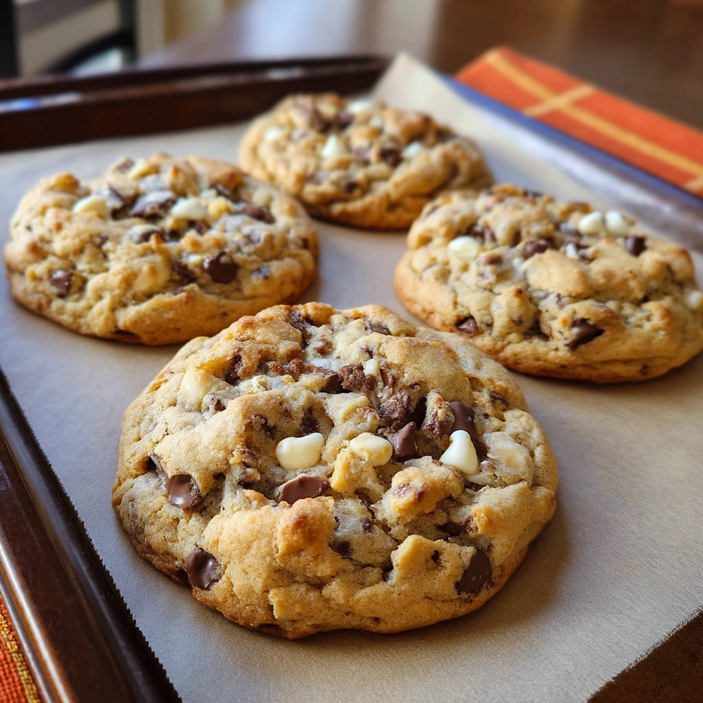 Schokoladen-Cookies mit weißer Schokolade, nahaufnahme mit sichtbaren Schokoladenstücken und weicher Textur.