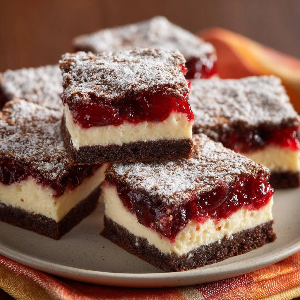 Schokoladen-Kirsch-Schnitten im Detail als angeschnittener Querschnitt mit Schichten von Schokoboden, Creme und Kirschen.