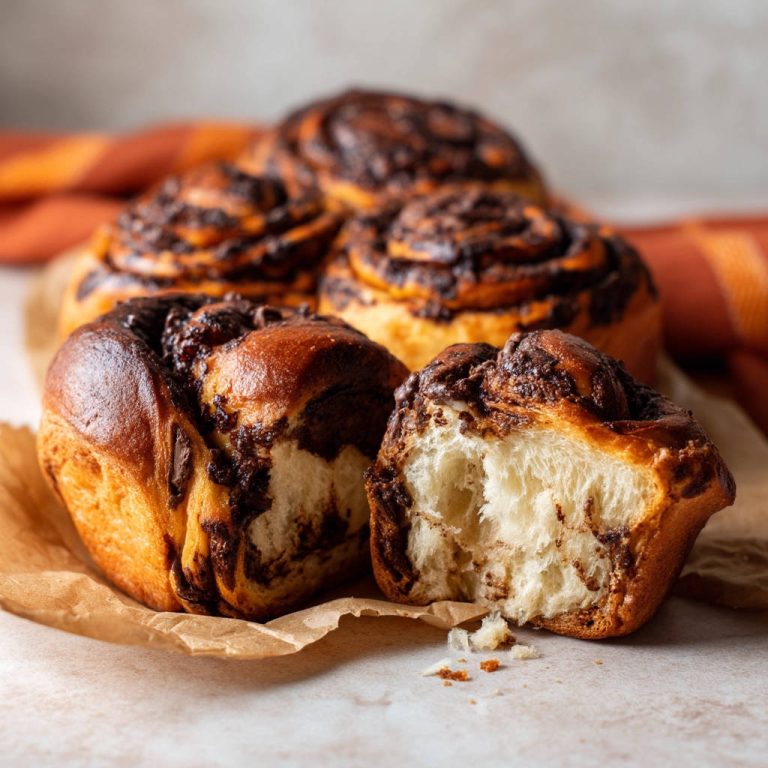 Saftige Schokoladen-Schnecken, eine davon angeschnitten, die weiche Krume und Schokoladenfüllung zeigend.