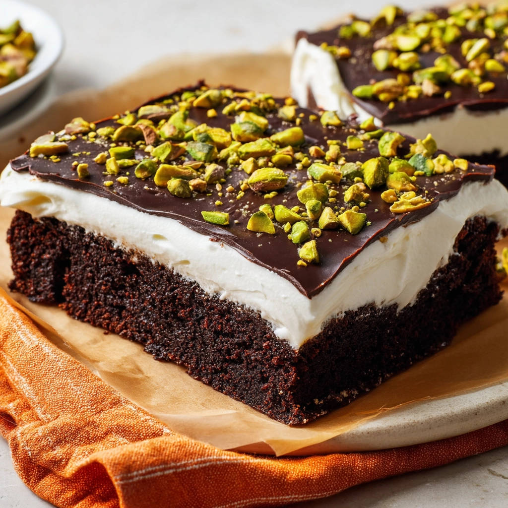 Schokoladenkuchen mit Frischkäsecreme und Pistazien im Nahaufnahme-Querschnitt, der saftige Schokoladenboden und die cremige Füllung zeigt.