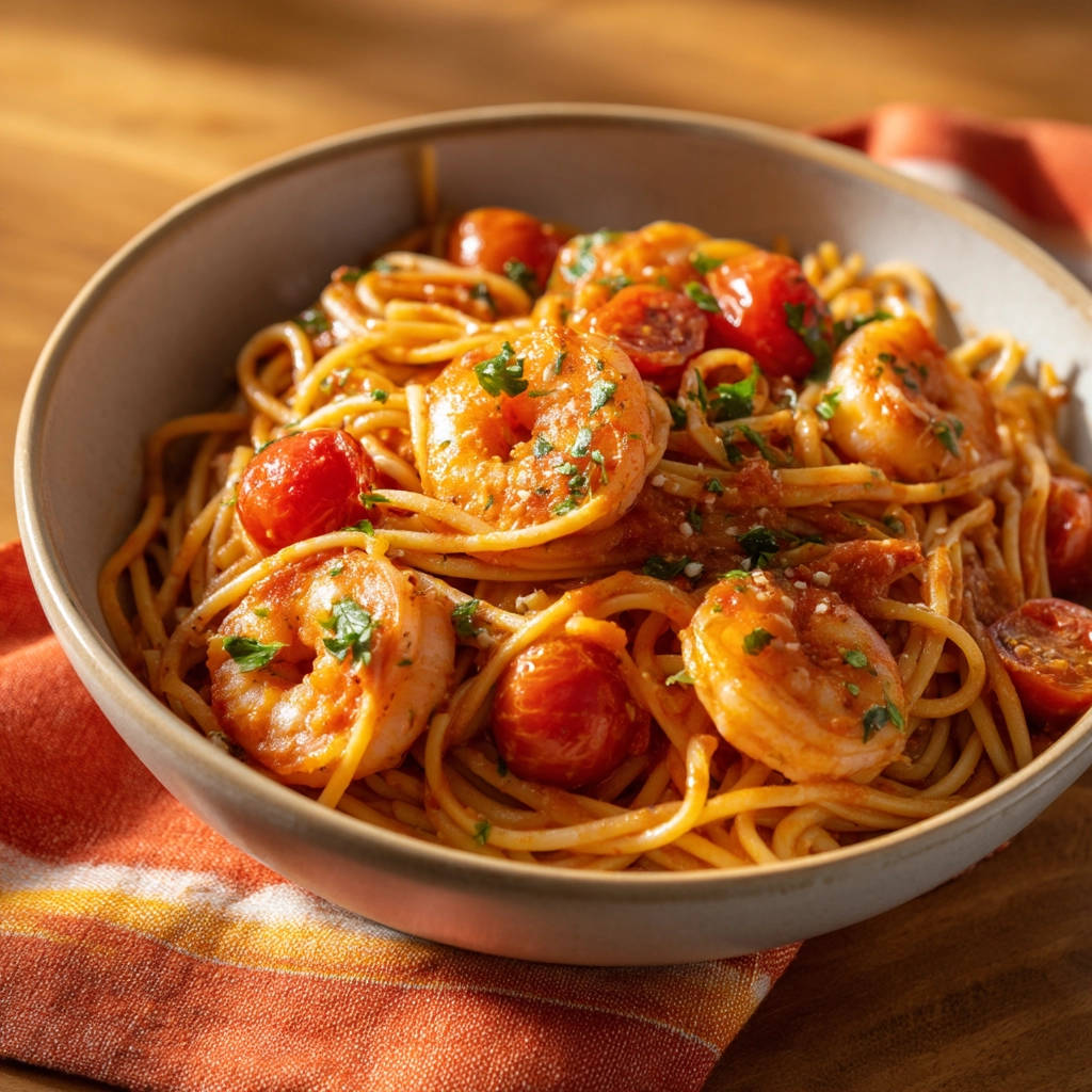 Spaghetti mit Garnelen in cremiger Tomatensauce, Nahaufnahme der Nudeln mit Garnelen und Kirschtomaten, garniert mit Petersilie.