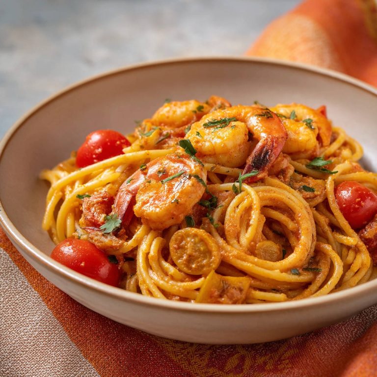Spaghetti mit Garnelen in cremiger Tomatensauce, nahaufnahme von der Nudeltextur und den Garnelen.