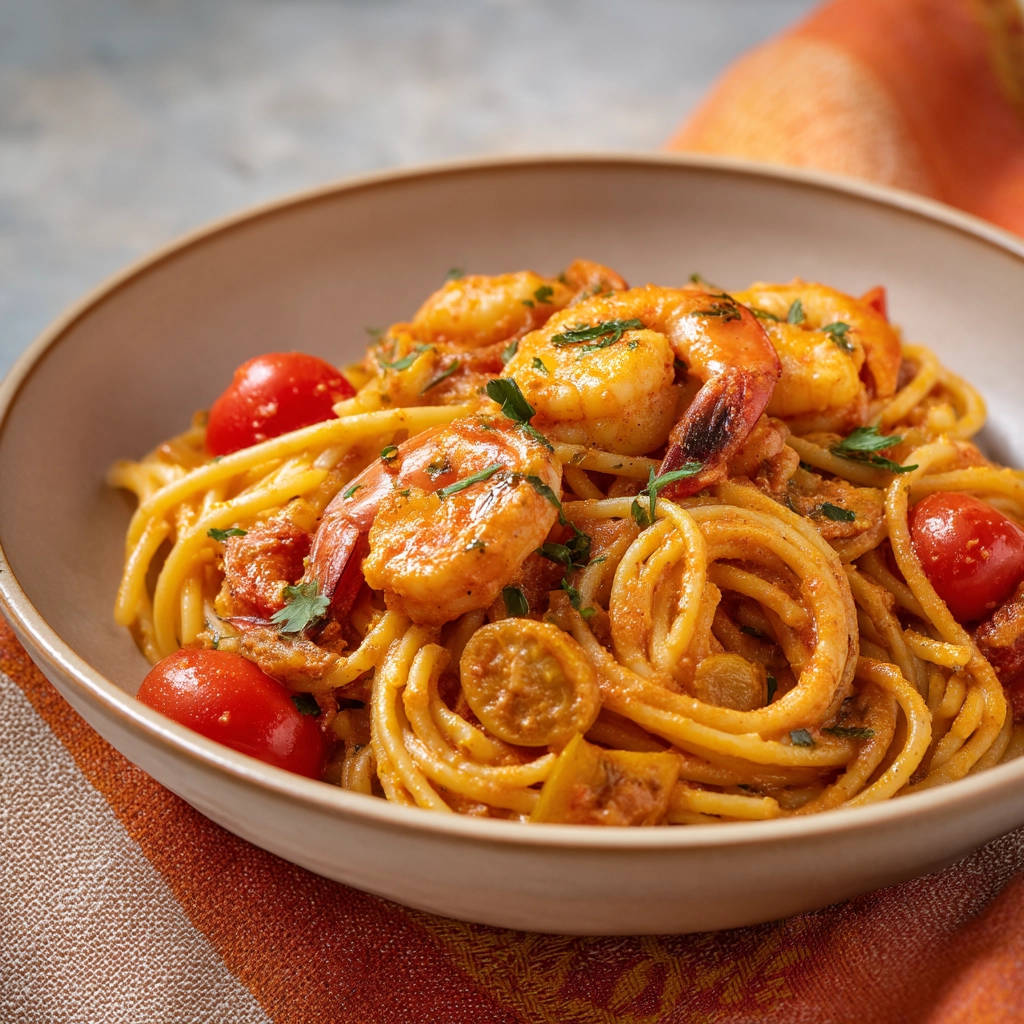 Spaghetti mit Garnelen in cremiger Tomatensauce, nahaufnahme von der Nudeltextur und den Garnelen.