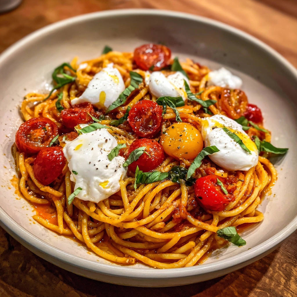 Spaghetti mit Tomaten und Burrata, eine Nahaufnahme der cremigen Burrata-Kugeln, die auf der Pasta angerichtet sind.