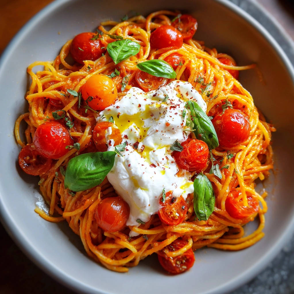Spaghetti mit Tomaten und Burrata, mit frischem Basilikum und Olivenöl garniert, in einer Schüssel serviert.