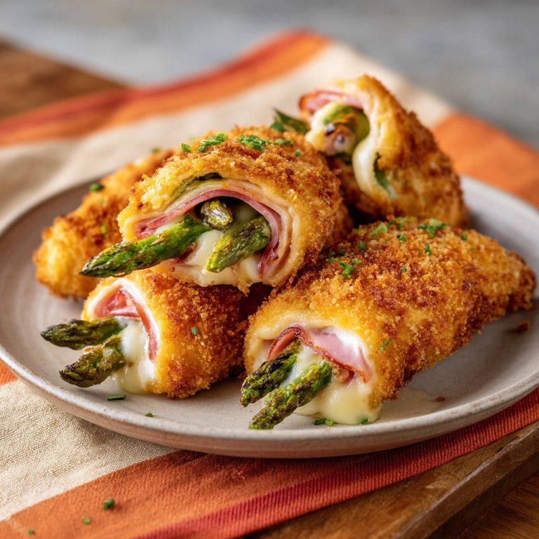 Knusprige Spargel-Schinken-Käse-Röllchen angeschnitten, die den geschmolzenen Käse und grünen Spargel im Inneren zeigen.