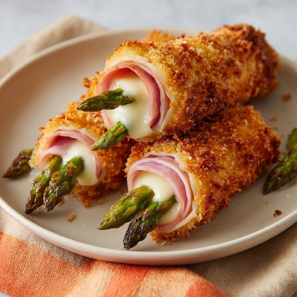 Knusprige Spargel-Schinken-Käse-Röllchen mit geschmolzenem Käse als Nahaufnahme auf einem Teller serviert.