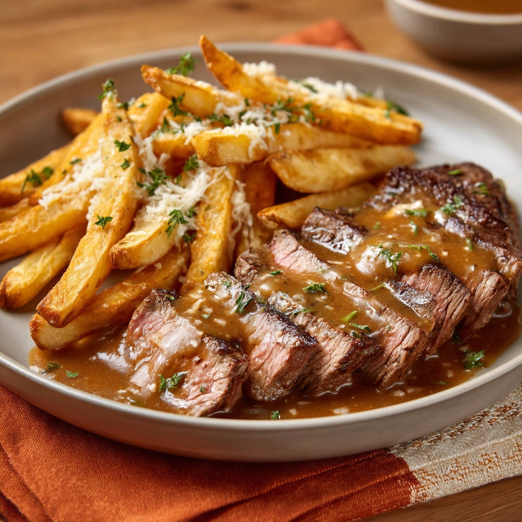 Steak Frites mit Zwiebelsauce, angeschnitten und mit Sauce übergossen, serviert mit Pommes Frites und Käse