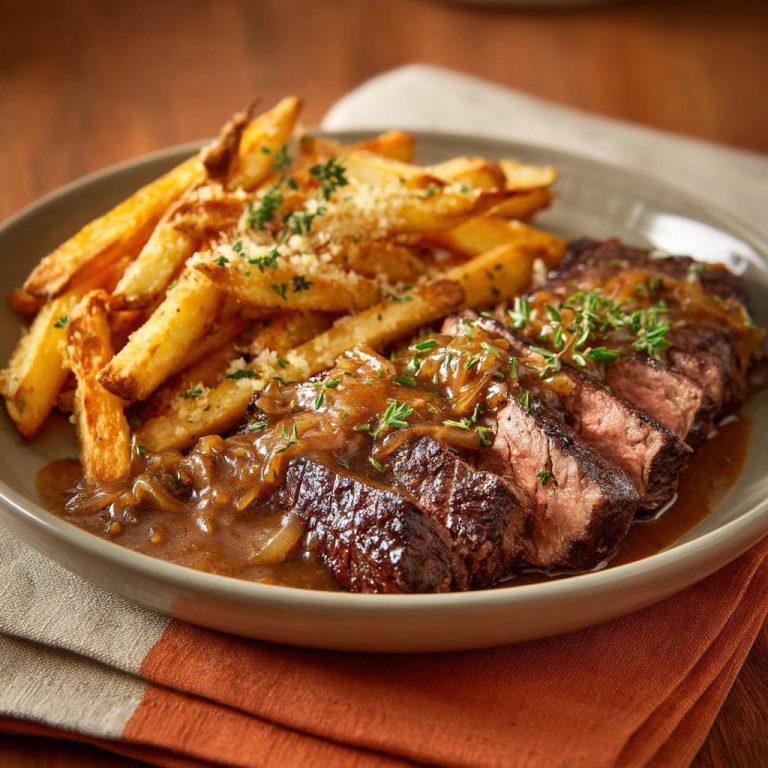 Steak Frites mit Zwiebelsauce: zartes Steak im Anschnitt mit knusprigen Pommes und Sauce serviert