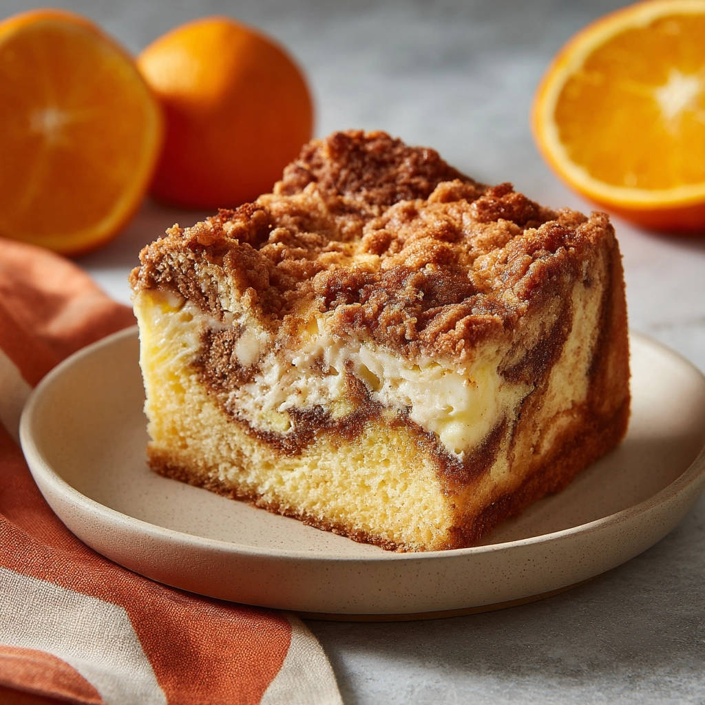 Streusel-Käsekuchen-Schnitten mit einem köstlichen Swirl-Muster und krümeligem Topping, im Anschnitt serviert.