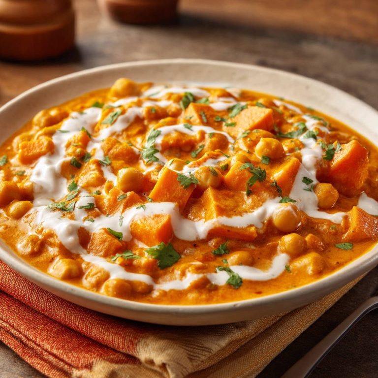Süßkartoffel-Kichererbsen-Curry mit cremiger Kokosmilch und frischer Petersilie garniert, nahaufnahme
