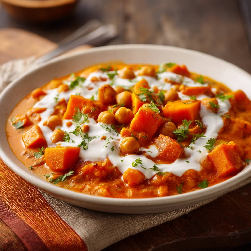 Süßkartoffel-Kichererbsen-Curry, garniert mit frischem Koriander und einem Klecks cremiger Sauce.