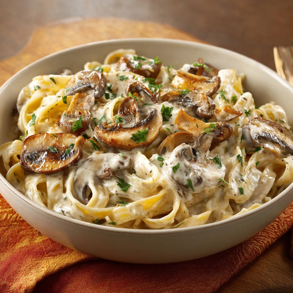 Tagliatelle mit cremiger Pilzrahmsoße, eine Nahaufnahme des reichhaltigen Gerichts mit dampfenden Nudeln, Pilzen und Petersilie.