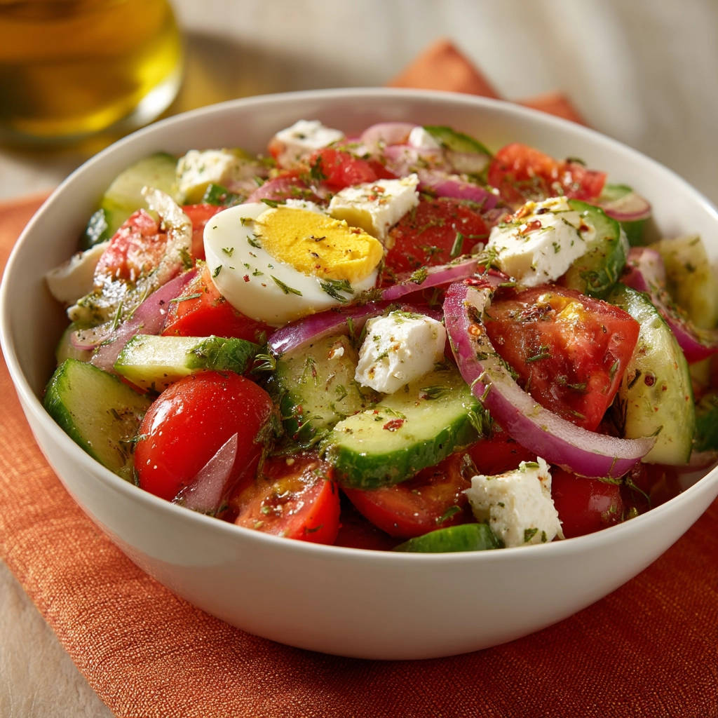 Sommerlicher Tomaten-Gurken-Salat mit Feta und Ei, Nahaufnahme der frischen Zutaten und des Dressings.