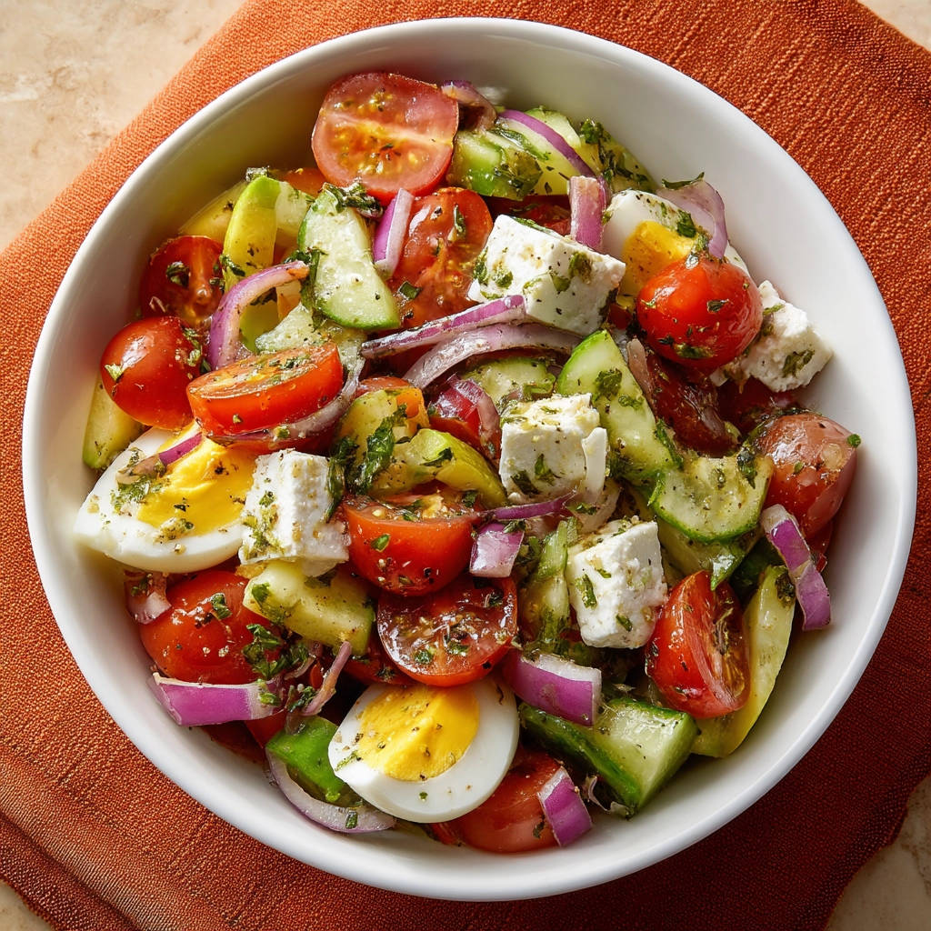 Sommerlicher Tomaten-Gurken-Salat mit Feta und Ei, nahaufnahme der frischen Zutaten und dem Dressing.