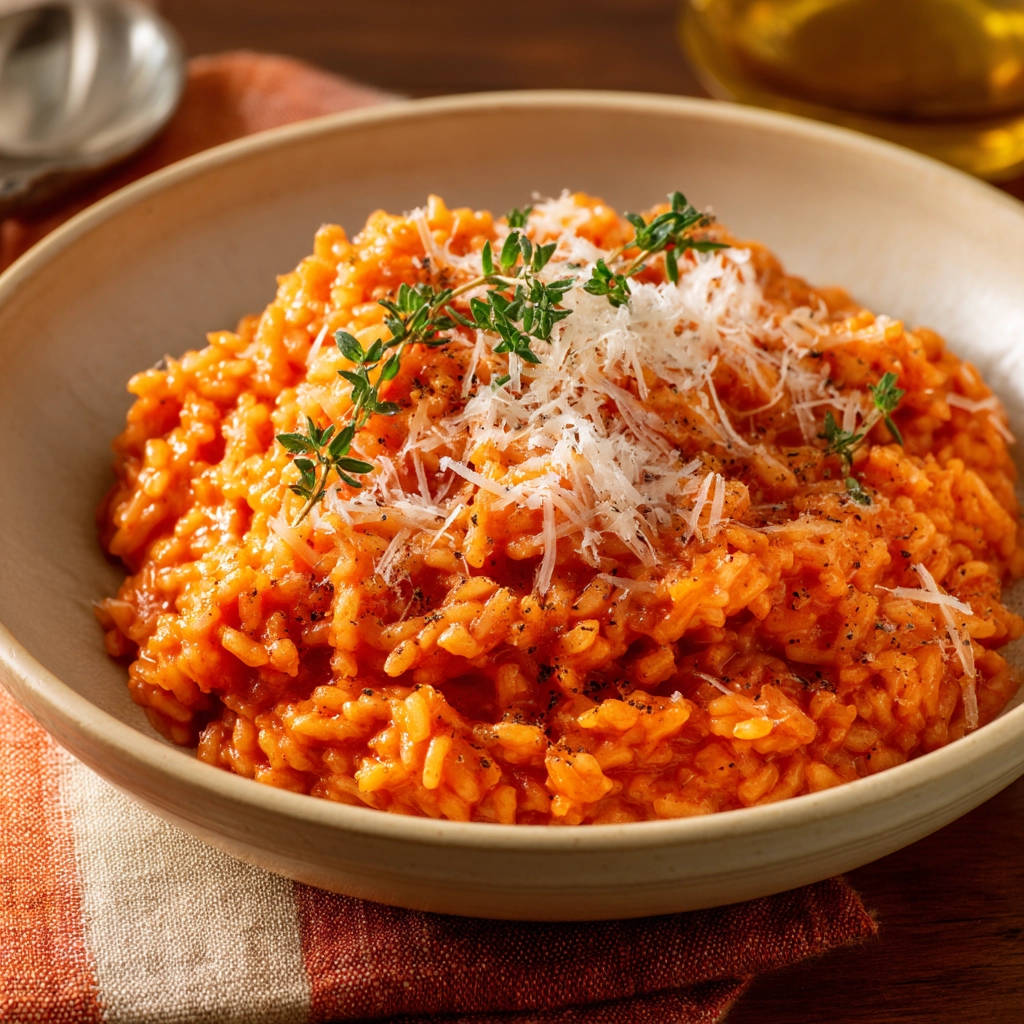 Tomaten Risotto, ein cremiges Gericht, das mit geriebenem Käse und frischen Kräutern garniert ist.
