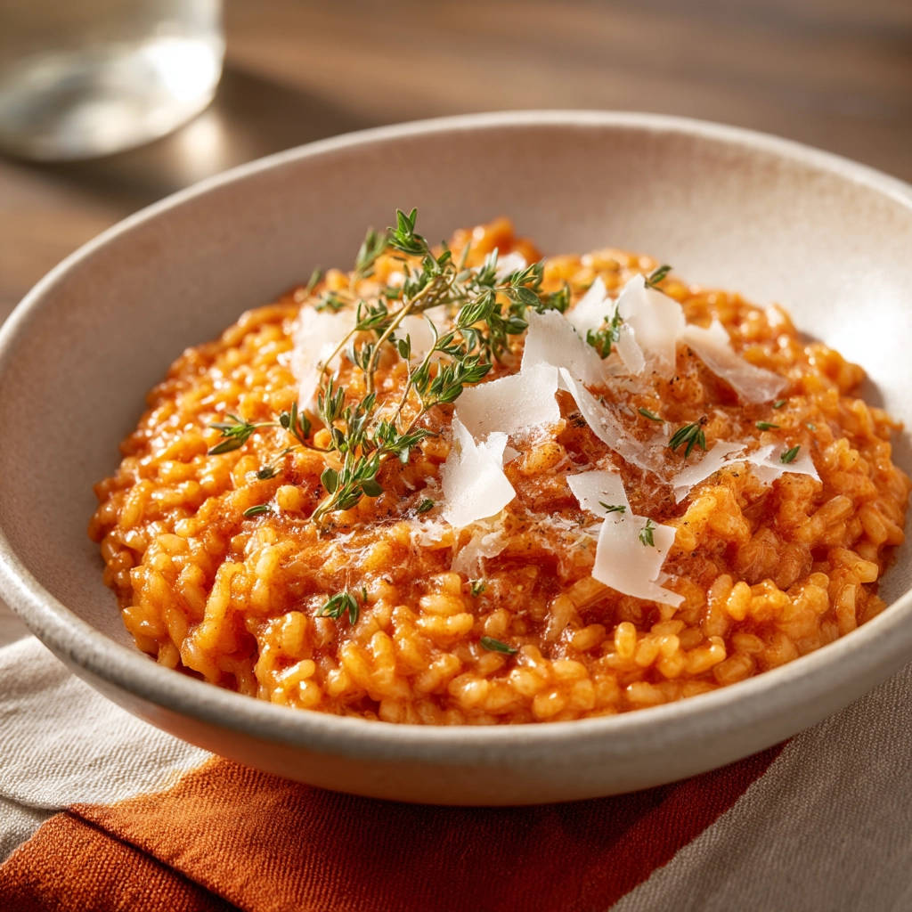 Tomaten Risotto als cremige Nahaufnahme mit frisch gehobeltem Parmesan und Thymian garniert.