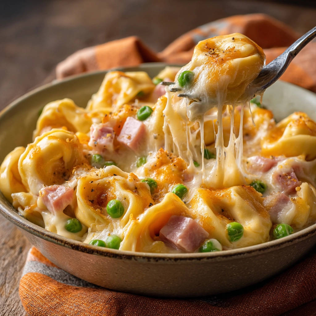 Tortellini Auflauf mit Käsefäden, Ham & Erbsen, Nahaufnahme des geschmolzenen Käses auf einer Gabel