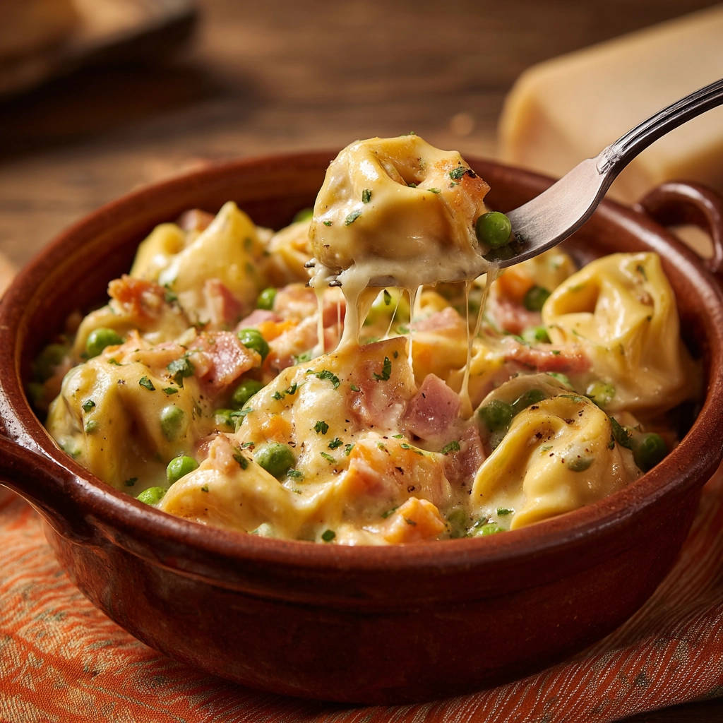 Tortellini Auflauf als Nahaufnahme mit cremigem Käsezug, serviert im braunen Tontopf mit Erbsen und Schinken.