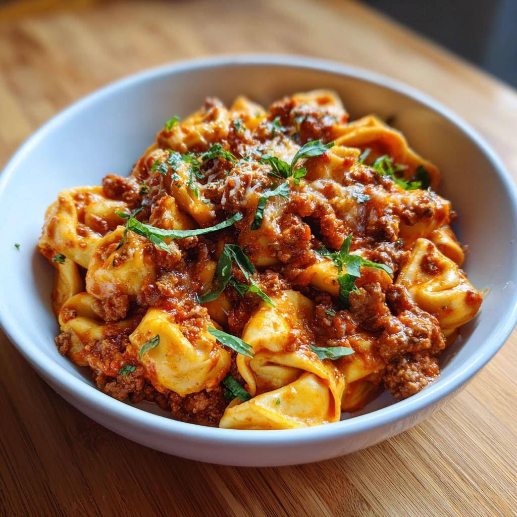 Tortellini mit Fleischsoße, eine Nahaufnahme des Gerichts mit detaillierter Ansicht der Soße und frischen Kräutern.