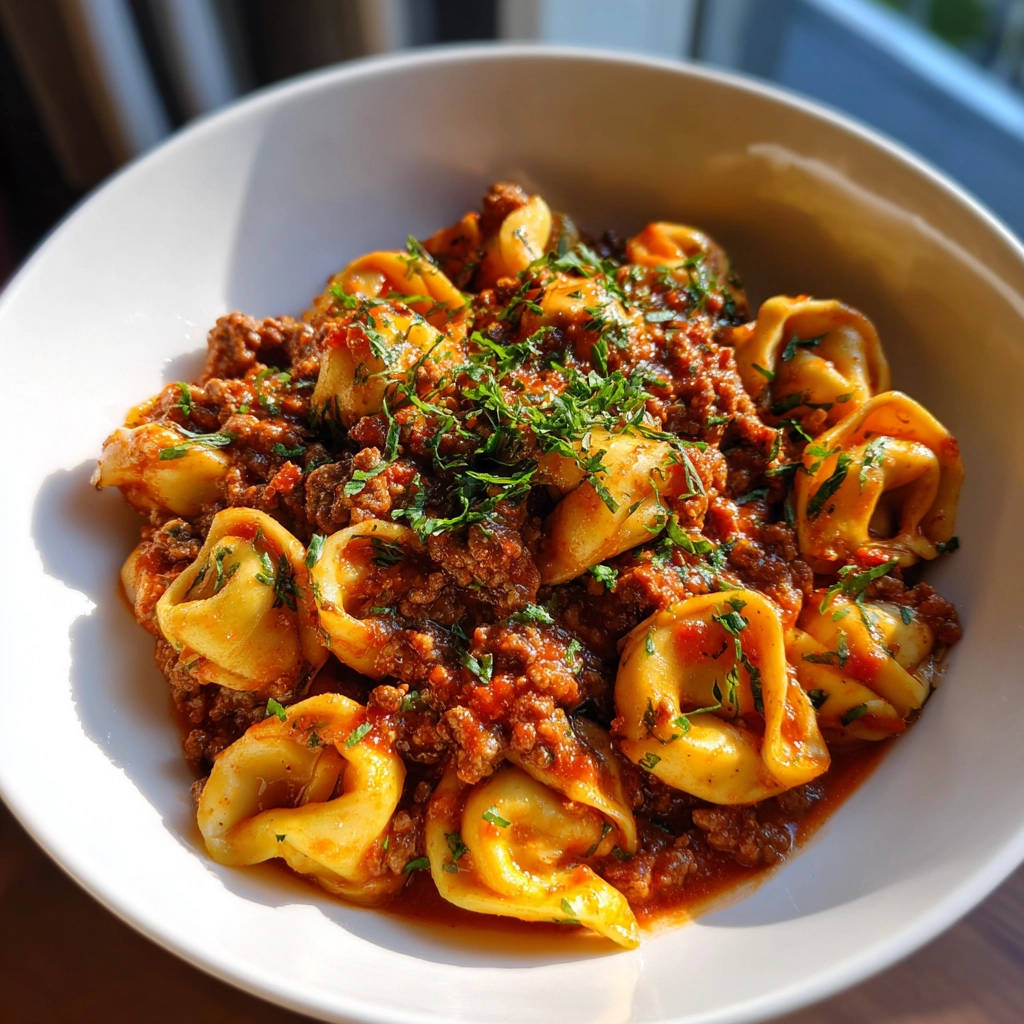 Tortellini mit Fleischsoße als Nahaufnahme in einer weißen Schüssel, garniert mit frischer Petersilie.