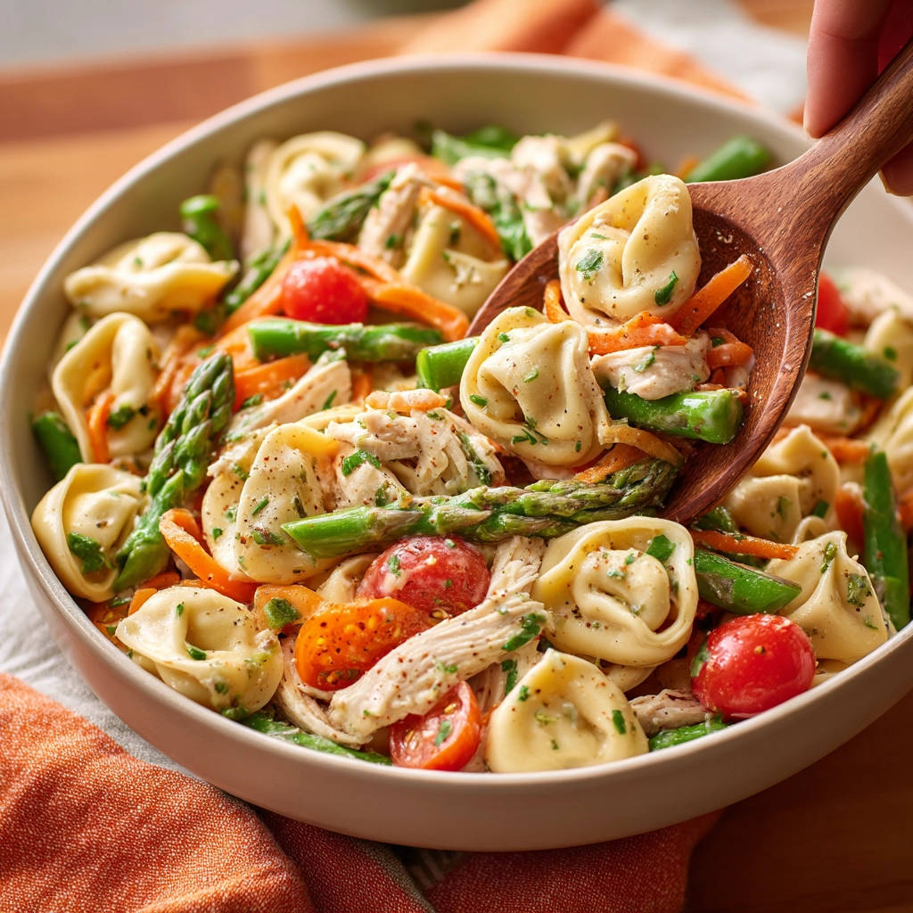 Tortellini Salat mit Huhn und Spargel, serviert mit einem Holzkochlöffel voller Nudeln, Spargel und Hühnchen.