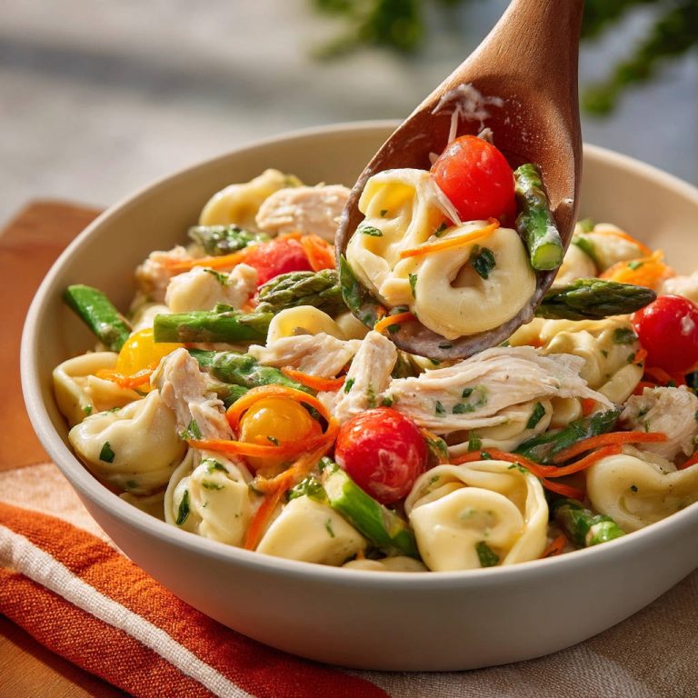 Tortellini Salat mit Huhn und Spargel, mit einem Holzlöffel aufgenommen, zeigt die cremige Konsistenz und frische Zutaten.