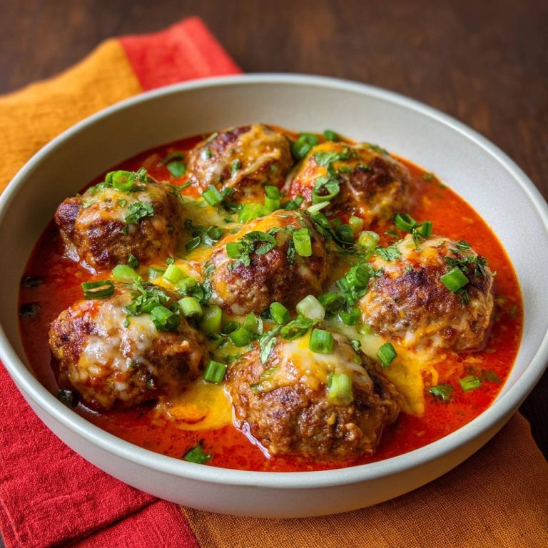 Überbackene Hackbällchen in Tomatensauce, garniert mit frischen Frühlingszwiebeln und geschmolzenem Käse.